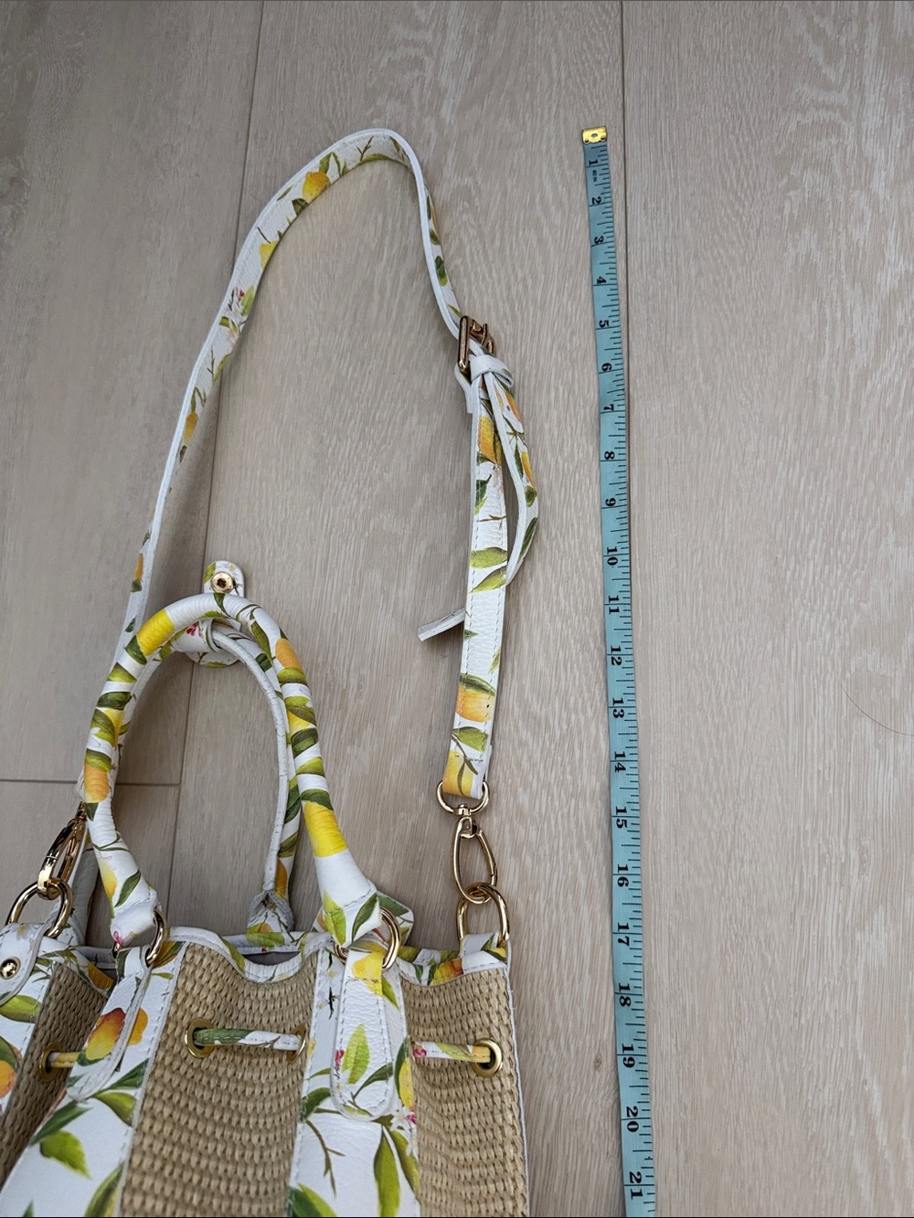 Valentina White Lemon-Print Bucket Shoulder Bag with Natural Straw Panels - Picture 9 of 16